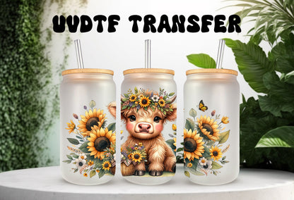 UVDTF Wrap Highland Cow Daisies Yellow for 16oz Can Glass, Mug Tumbler, Ready to apply, Permanent Adhesive, Double sided option