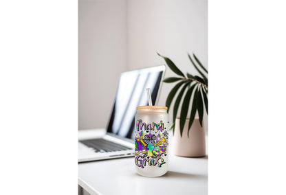 UVDTF Wrap Mardi Gras Checkered Bows 16oz Can Glass Mug Tumbler, Mardi Gras Wrap, Ready to apply, Permanent Waterproof Adhesive