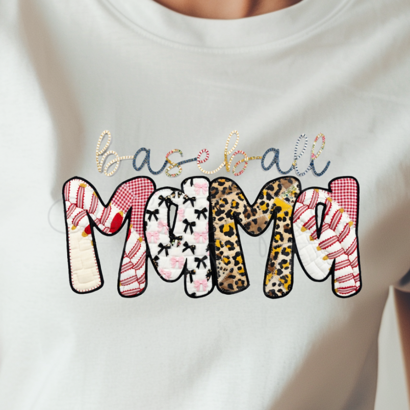 Ready to press DTF apparel transfer featuring 'baseball MAMA' in a faux applique style with leopard print, pink plaid, bows, and baseball stitches.

