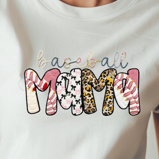 Ready to press DTF apparel transfer featuring 'baseball MAMA' in a faux applique style with leopard print, pink plaid, bows, and baseball stitches.

