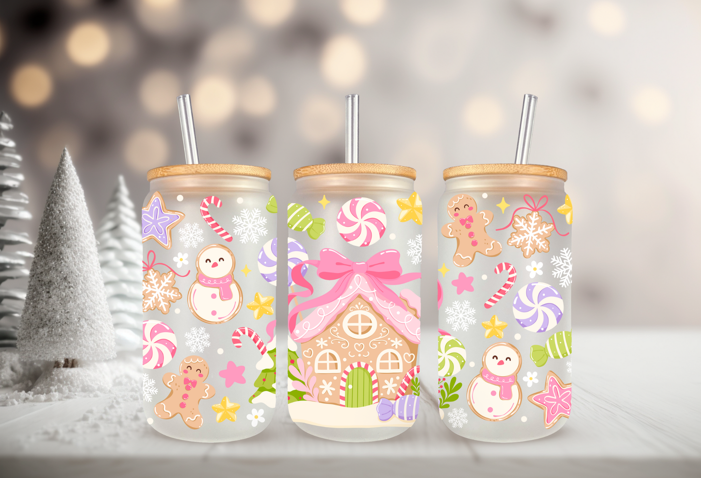 Gingerbread House UV DTF Cup Wrap | Christmas Candy, Peppermint, Snowflakes | Holiday Waterproof Sticker