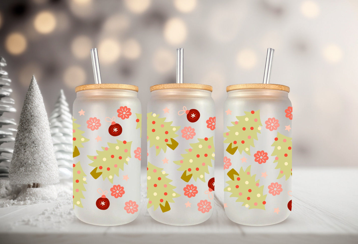 UVDTF Wrap Christmas Trees Ornaments for 16oz Can Glass Mug Tumbler, Ready to apply, Waterproof Permanent Adhesive, Double sided option