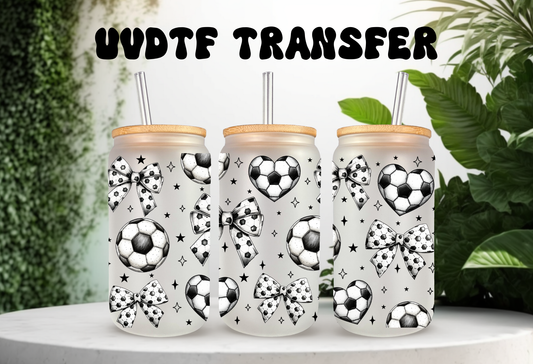 Mockup of three 16oz glass cans with bamboo lids, featuring a soccer ball and black-and-white patterned coquette bow UVDTF wrap design.