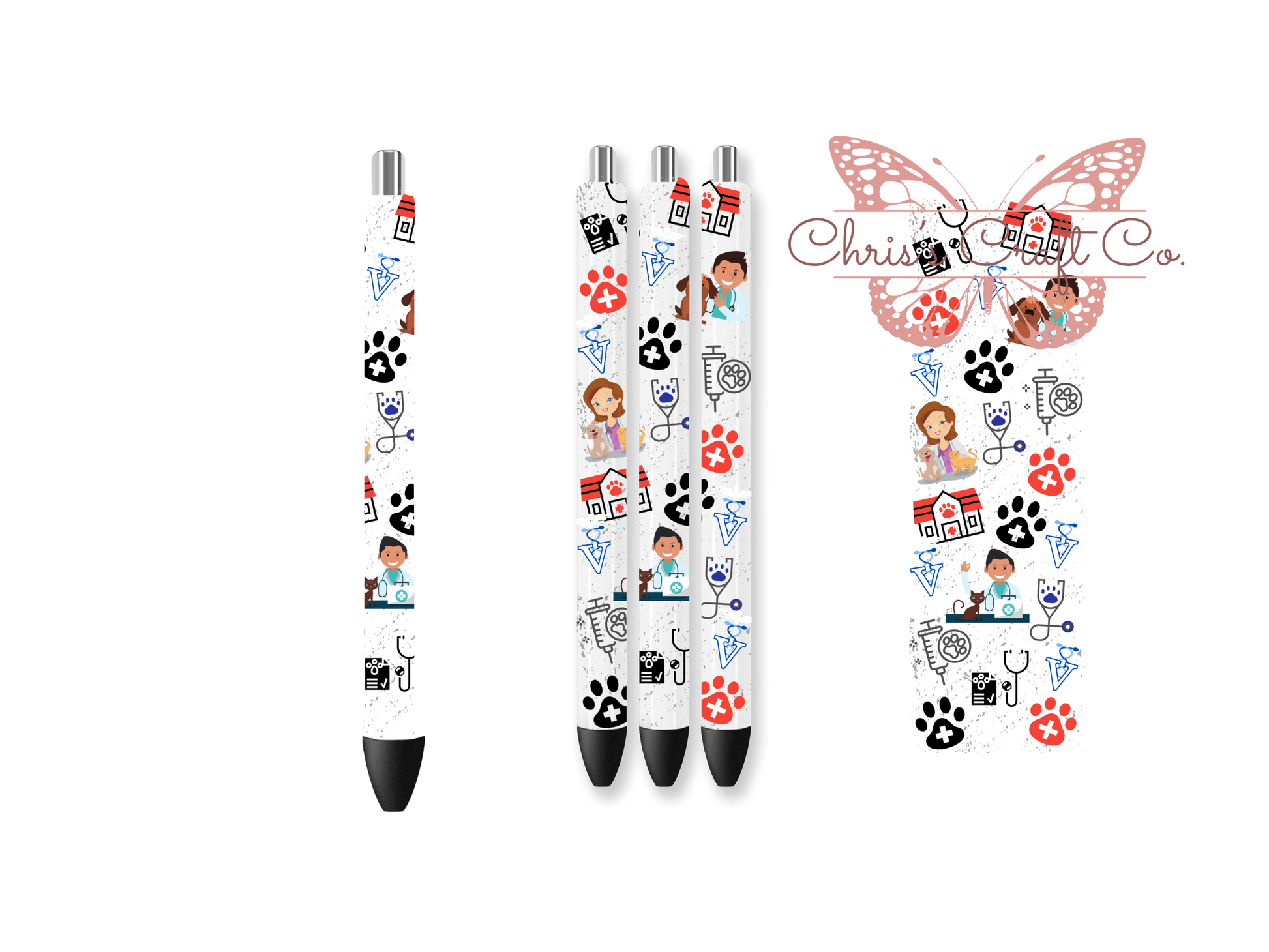 UVDTF pen wraps featuring a veterinary theme with paw prints, a pet carrier, a dog, a cat, and a medical butterfly on a white background.

