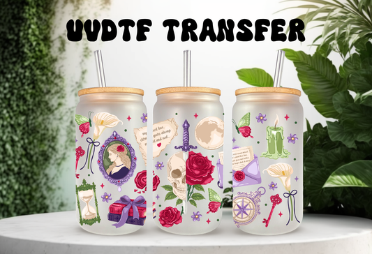 16oz can glass wrap featuring a Victorian portrait, gothic skull with a dagger, and red roses on a clear background.