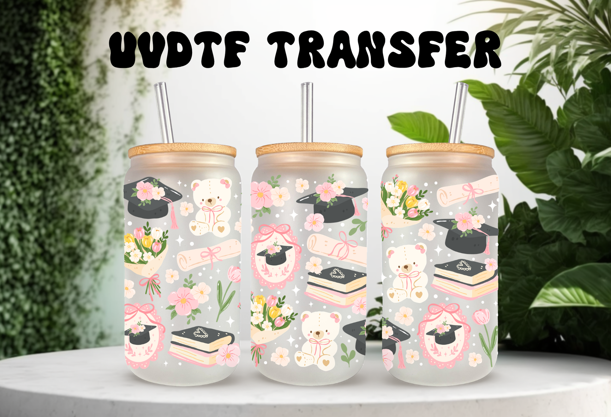 16oz can glass wrap featuring teddy bears in graduation caps, diplomas, stacks of books, pink coquette bows, and spring flowers on a clear background.