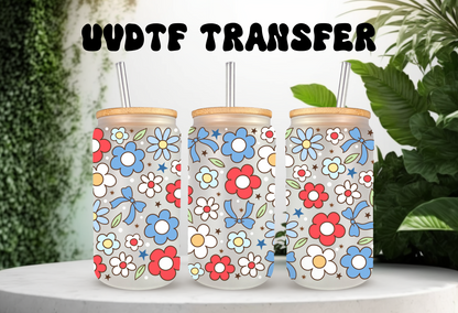 UVDTF Wrap Floral Independence Day 16oz Can Glass Mug Tumbler, Ready to apply, Permanent Waterproof Adhesive