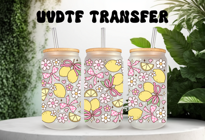 UVDTF Wrap Lemon Daisy Bow Checkered for 16oz Can Glass Mug Tumbler, Ready to apply, Permanent Waterproof Adhesive