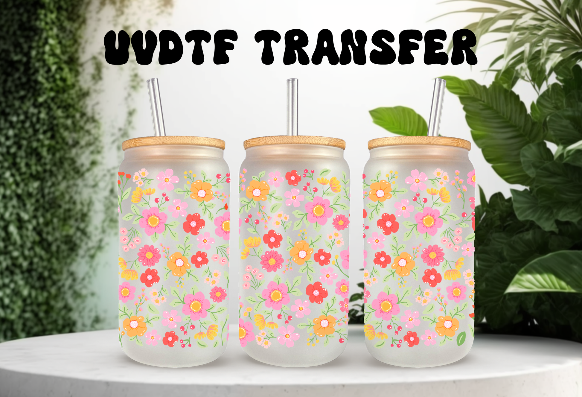 MOCKUP OF A 16oz frosted can glass wrap featuring a retro groovy floral design with bright pink, red, and yellow daisies on a clear background.