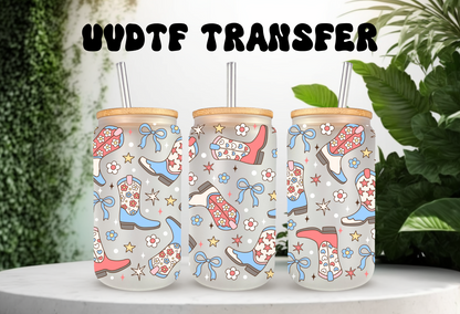 UVDTF Wrap 4th of July Western Boots 16oz Can Glass Mug Tumbler, Ready to apply, Permanent Waterproof Adhesive