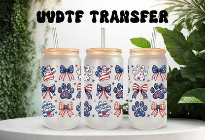 Patriotic Paw Print Coquette Bow UVDTF Wrap - 16oz Can Glass Summer Decal