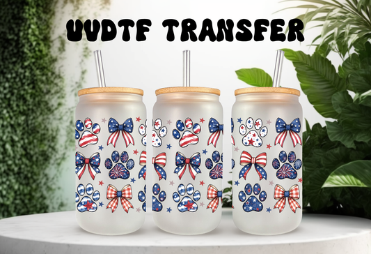 Patriotic Paw Print Coquette Bow UVDTF Wrap - 16oz Can Glass Summer Decal