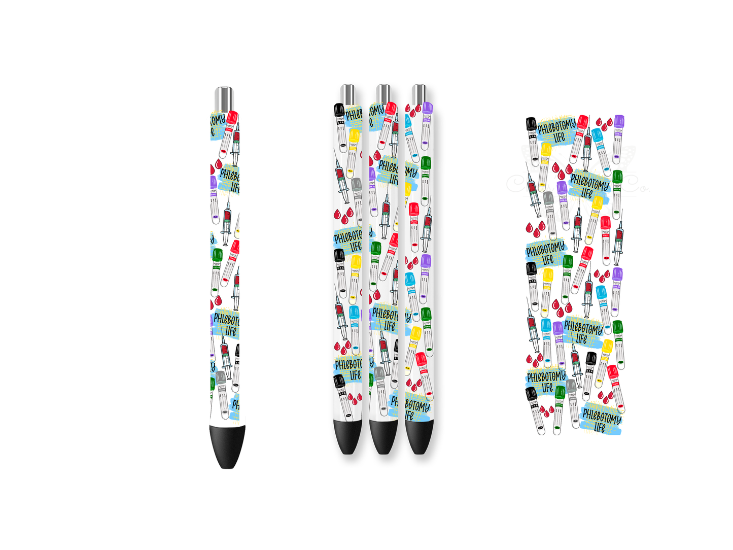 UVDTF pen wraps featuring colorful medical syringes, blood collection tubes, red blood drops, and the text PHLEBOTOMY LIFE on a clear background