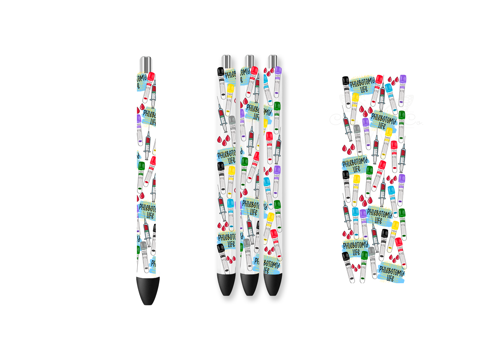 UVDTF pen wraps featuring colorful medical syringes, blood collection tubes, red blood drops, and the text PHLEBOTOMY LIFE on a clear background