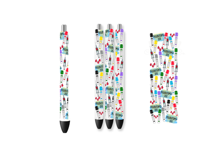 UVDTF pen wraps featuring colorful medical syringes, blood collection tubes, red blood drops, and the text PHLEBOTOMY LIFE on a clear background