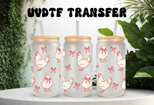 16oz glass can with UVDTF wrap featuring vintage chickens, geese, and wildflowers on a farmhouse background.
