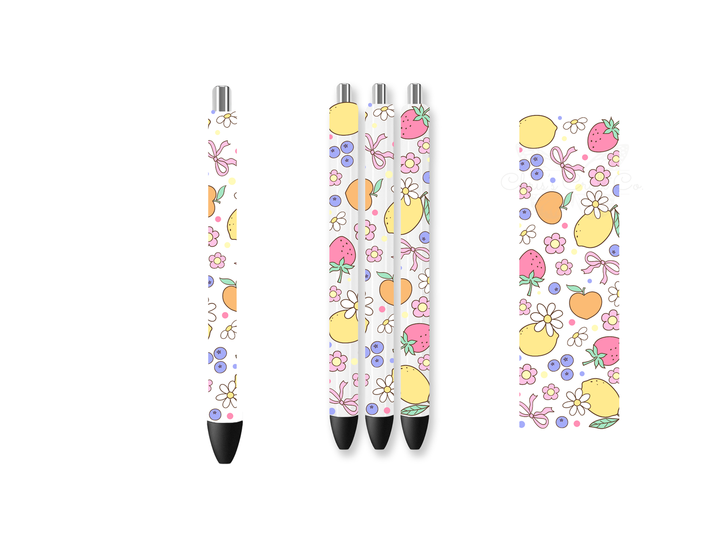 A UV DTF pen wrap transfer featuring a vertical pattern of peaches, strawberries, blueberries, lemons, and white daisies with a 3D glossy finish on white pens.