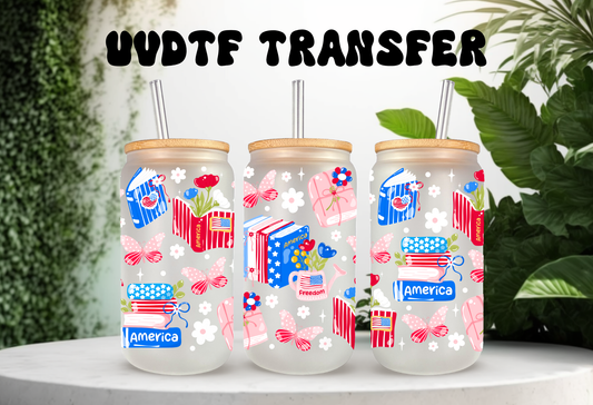 Three 16oz glass cans featuring a Patriotic Bookish UVDTF wrap design with red, white, and blue book stacks, stars, and "America" and "Freedom" text.