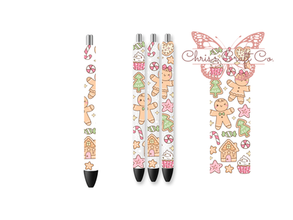 UV DTF pen wrap featuring gingerbread theme, sized for standard pens with peel-and-stick application.