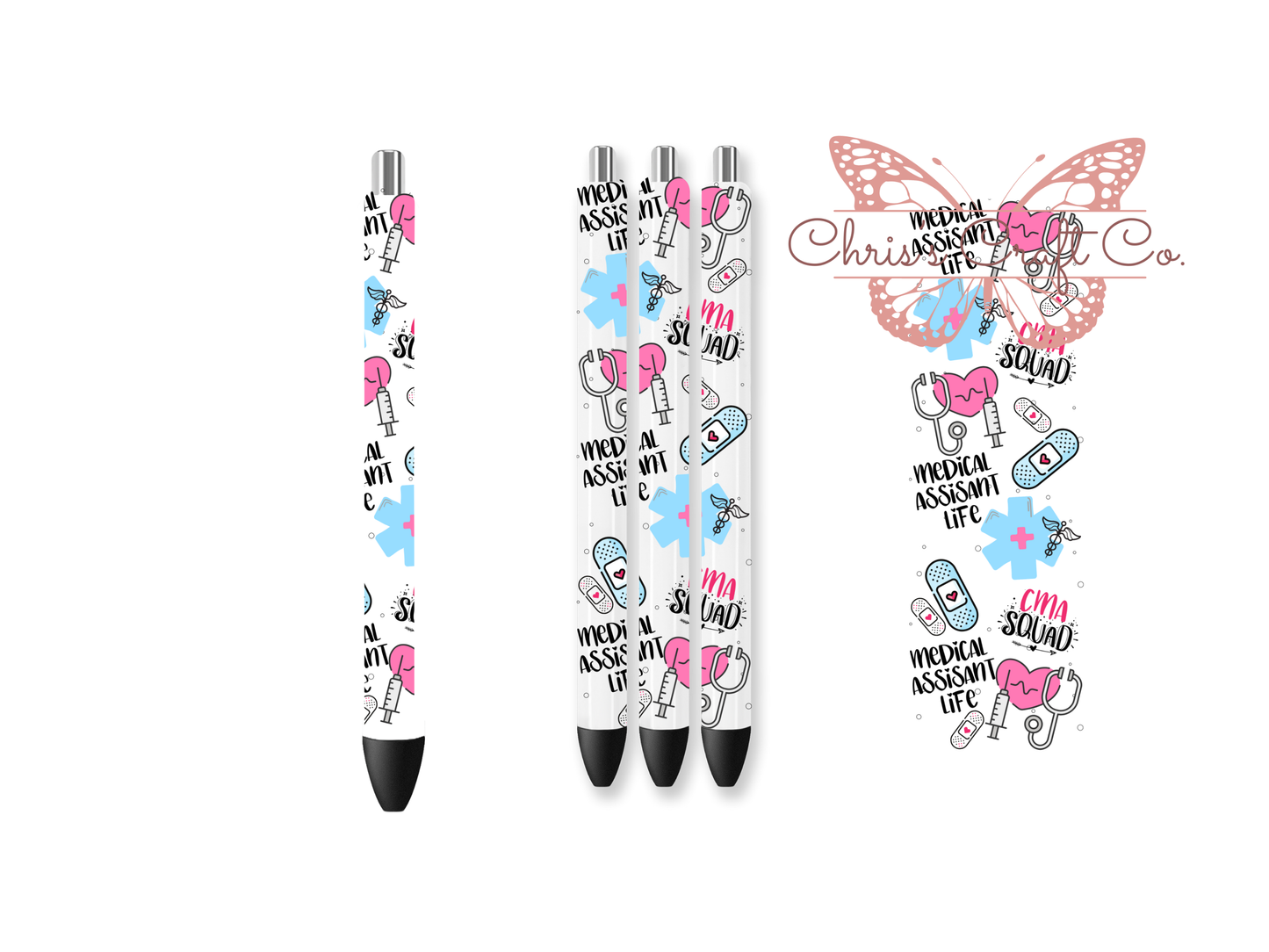 UV DTF pen wrap featuring medical assistant theme, sized for standard pens with peel-and-stick application.