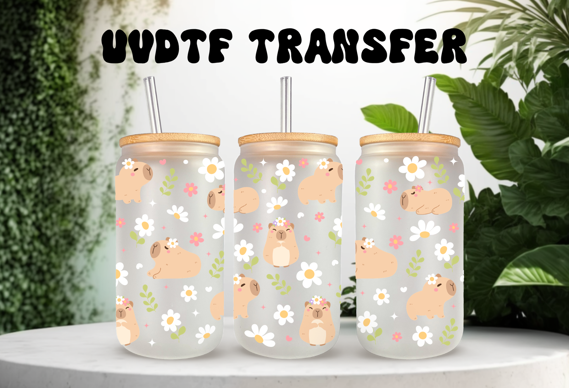 16oz can glass wrap featuring cute capybaras with white and pink daisies on a clear background.