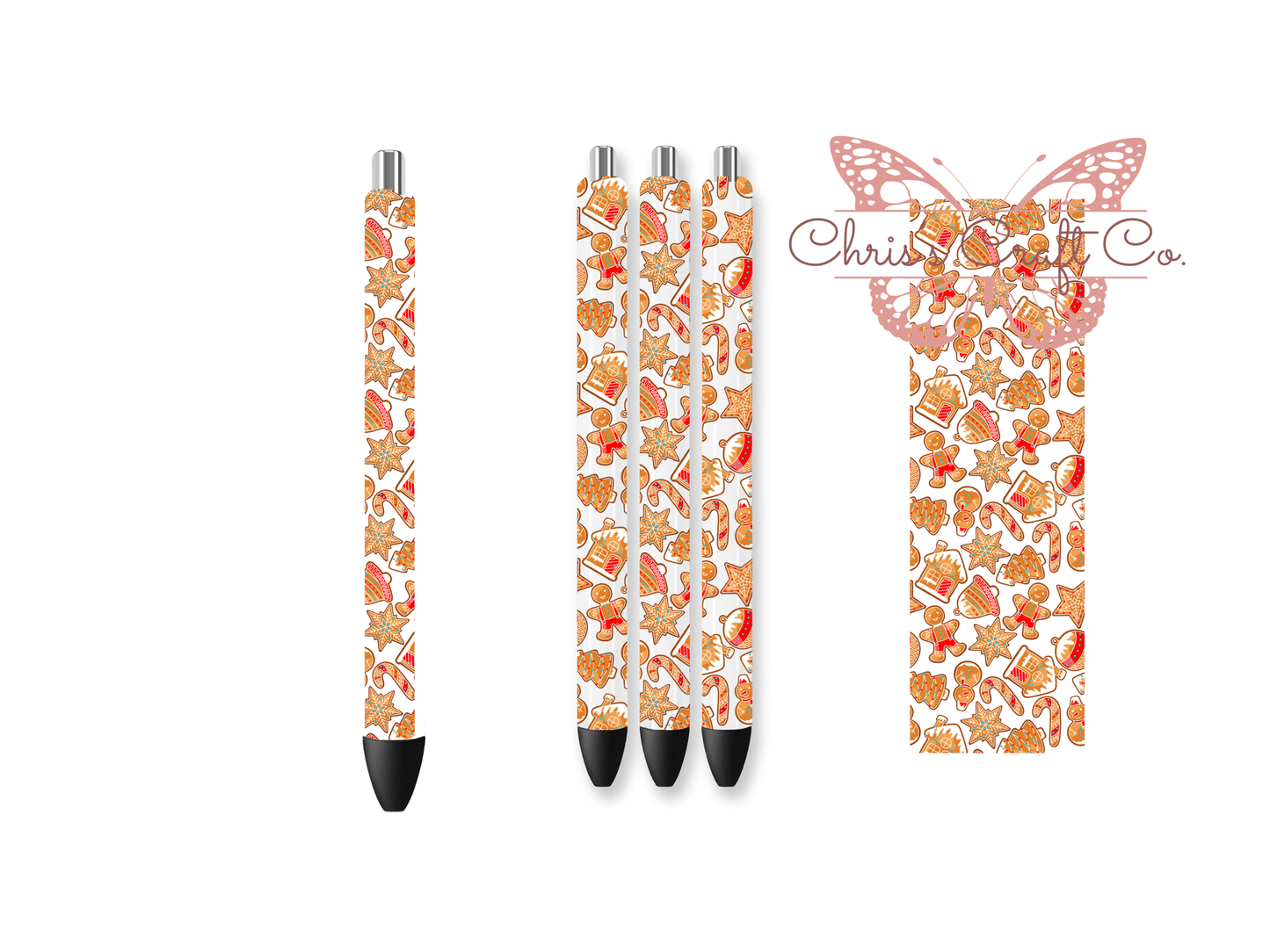 UV DTF pen wrap featuring gingerbread cookies, sized for standard pens with peel-and-stick application.