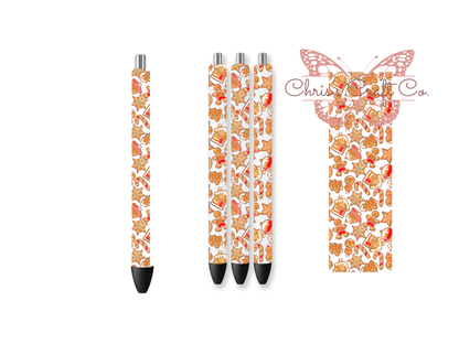 UV DTF pen wrap featuring gingerbread cookies, sized for standard pens with peel-and-stick application.