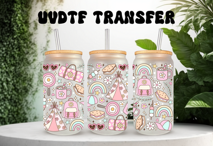 UVDTF Wrap Girly Camp 16oz Can Glass Mug Tumbler, Ready to apply, Camp Wrap, Permanent Waterproof Adhesive