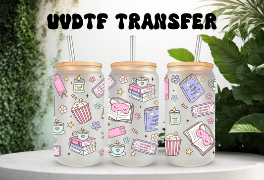 UVDTF wrap mock-up for 16oz Libbey can glass, featuring library-themed book and floral graphics for book lovers.
