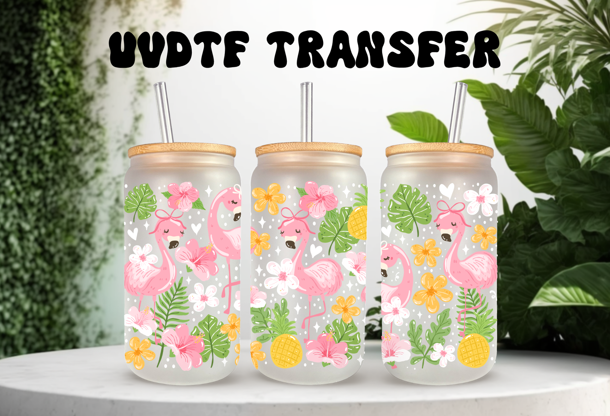 16oz can glass wrap featuring pink flamingos with polka dot bows, tropical pineapples, pink hibiscus, and green palm leaves on a clear background.