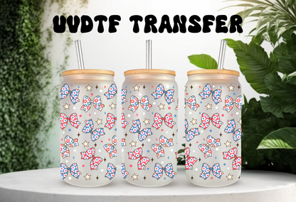 UVDTF Wrap Patriotic Bows 16oz Can Glass Mug Tumbler, Ready to apply, Permanent Waterproof Adhesive