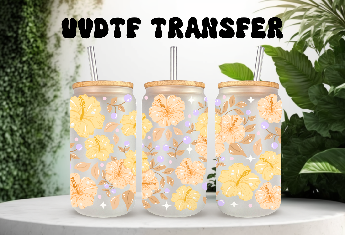 16oz can glass wrap featuring yellow hibiscus flowers with orange centers and pink sparkles on a clear background.