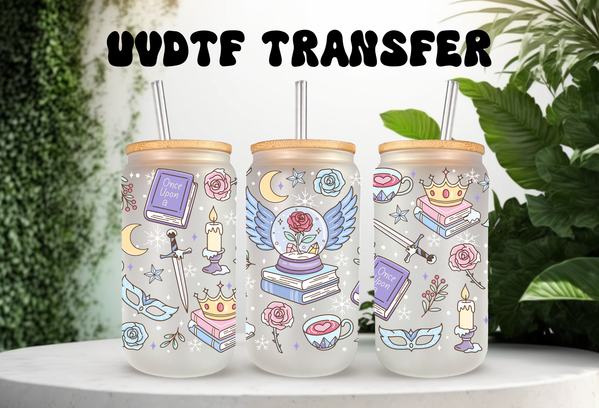 Winter Romantasy UV DTF cup wrap featuring a snowy blue ice castle and frosted flowers on a 16oz glass can.
