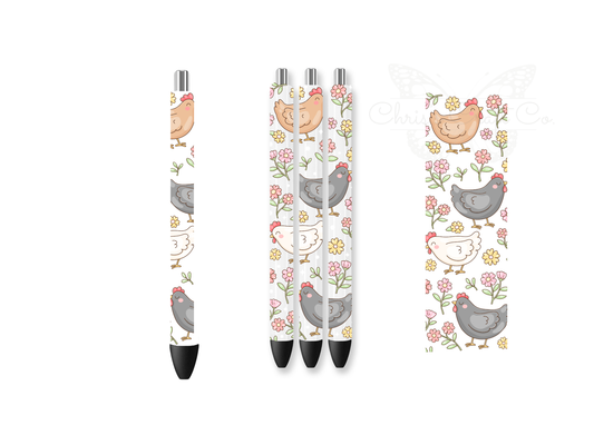 Colorful chicken and floral UV DTF pen wrap with a glossy finish, shown applied to a smooth white barrel pen.