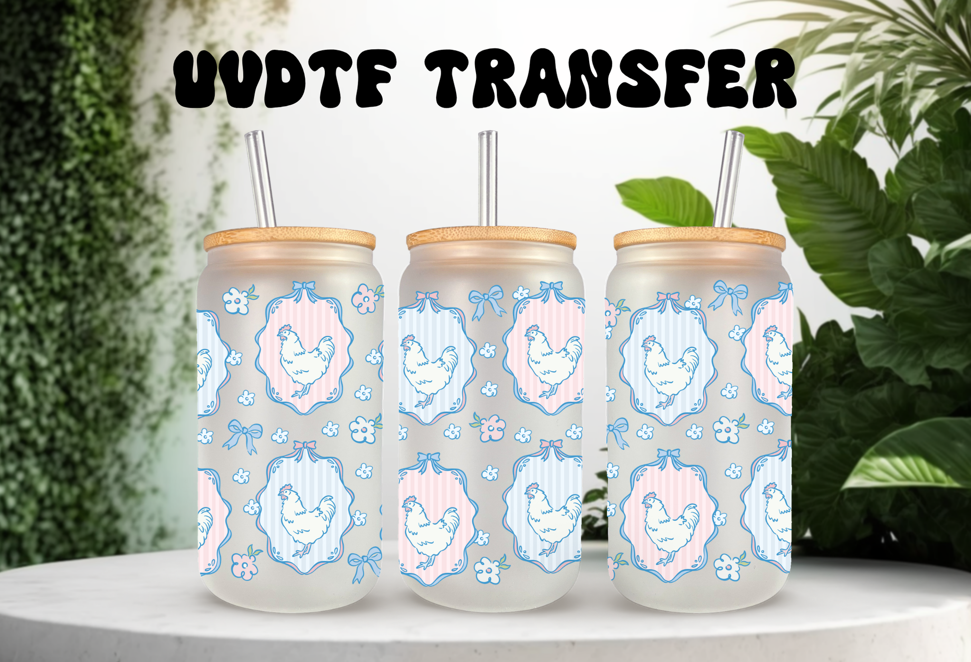 16oz glass can wrap featuring chickens in pink and blue heart frames with delicate blue florals and pink bows.
