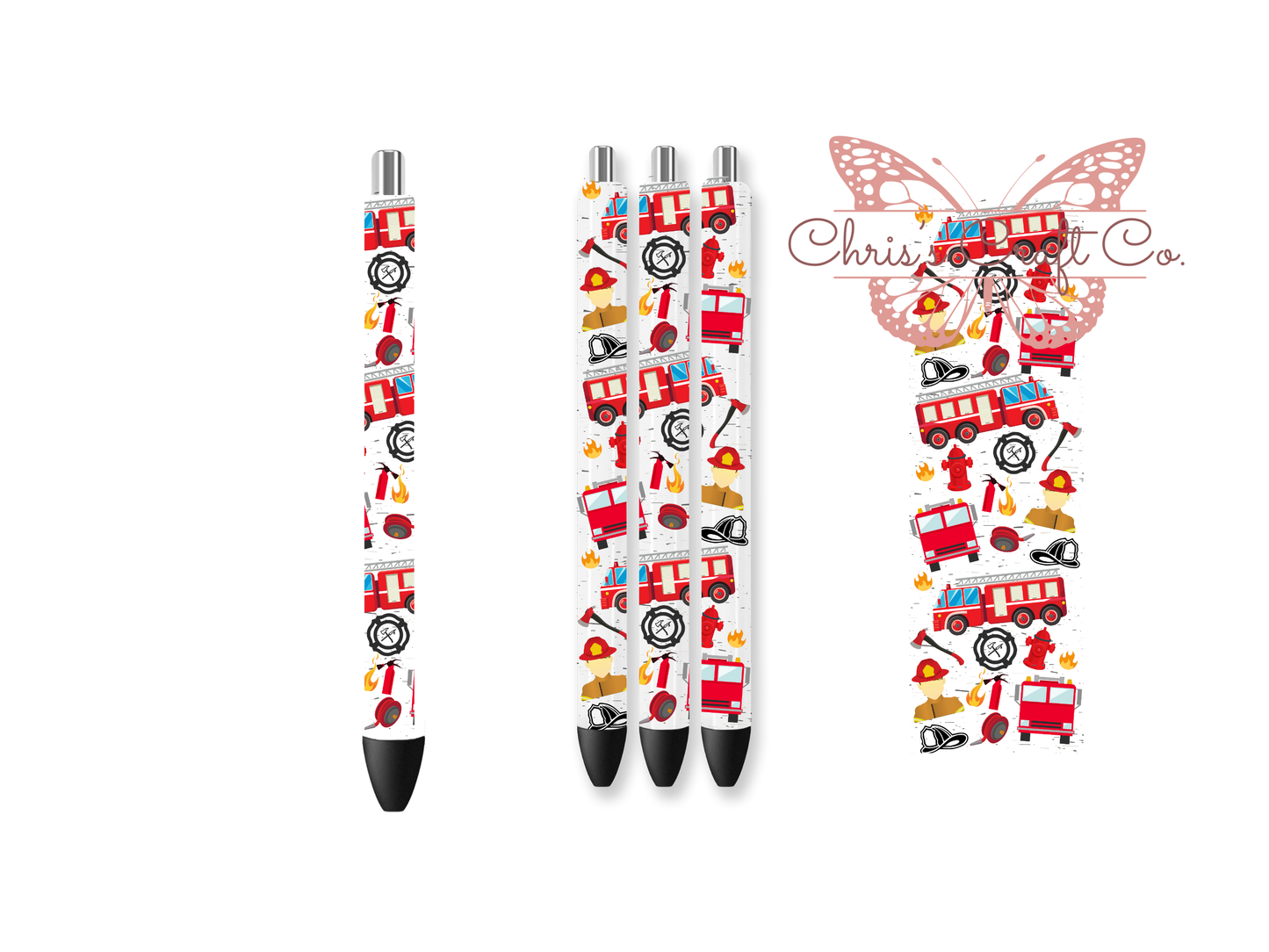 UV DTF pen wrap featuring firefighter, sized for standard pens with peel-and-stick application.