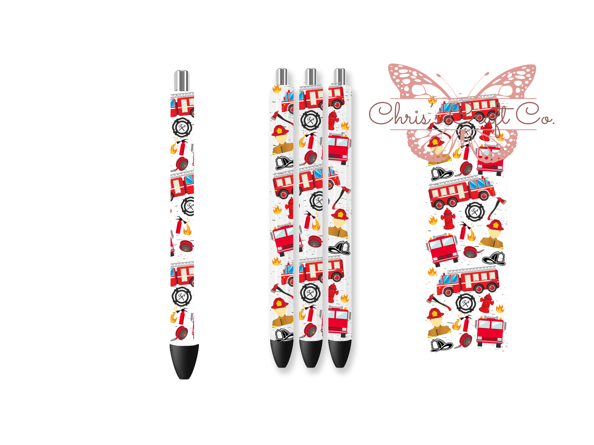 UV DTF pen wrap featuring firefighter, sized for standard pens with peel-and-stick application.