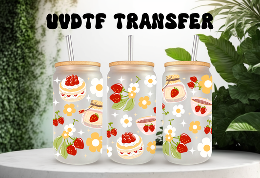  3D textured UVDTF wrap for 16oz can glass featuring a cottagecore strawberry cake and white floral design on a pink background.