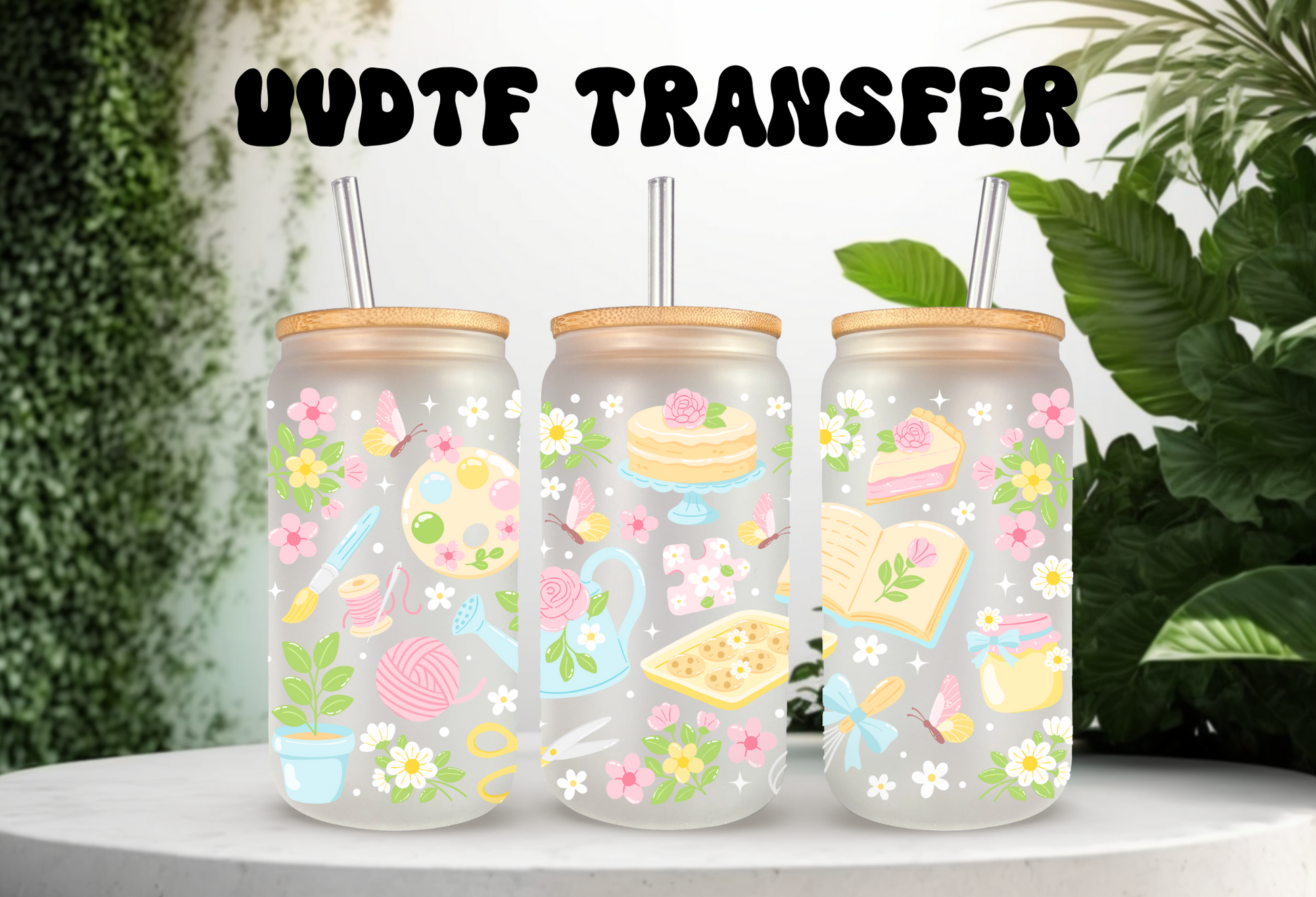 Mockup of three frosted glass cans with floral and hobby-themed UVDTF transfers, including bookish and crafty designs.
