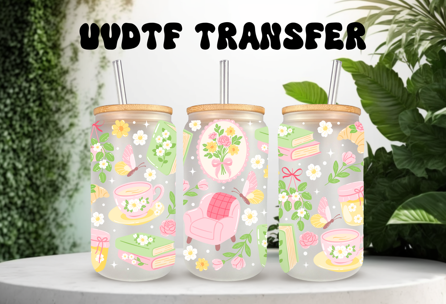 UV DTF wrap for 16oz glass can featuring floral book, peel-and-stick application.