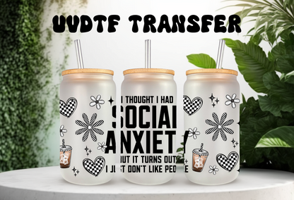 UVDTF Wrap Social Anxiety for 16oz Can Glass Mug Tumbler, Funny Sarcastic, Checkered Design, Ready to Apply, Permanent Waterproof Adhesive