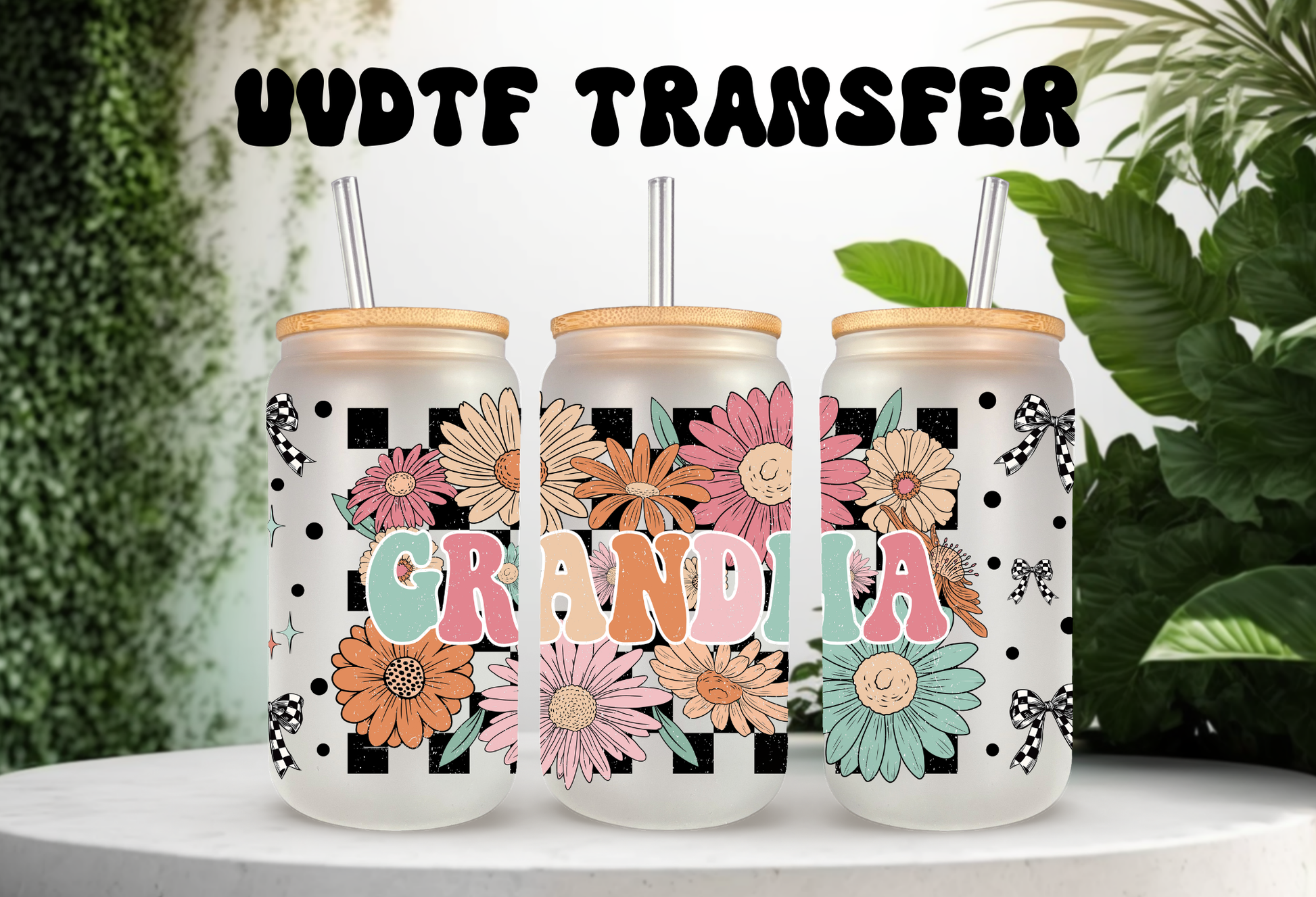 Vibrant floral "Grandma" UVDTF wrap with colorful spring flowers, ready-to-apply permanent waterproof transfer for 16oz can glass tumblers.