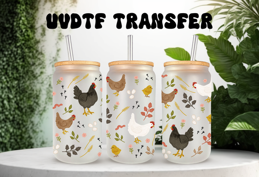 Vintage chicken and wildflower UVDTF wrap for 16oz Libbey can glass.