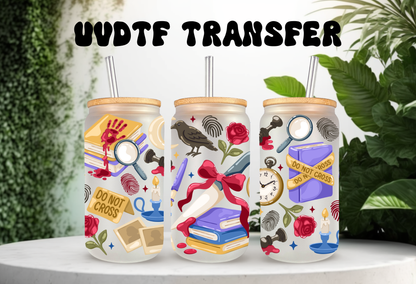 Mystery Crime Scene UVDTF Cup Wrap, 16oz Can Glass Blood Books, Raven, Dagger, Fingerprints