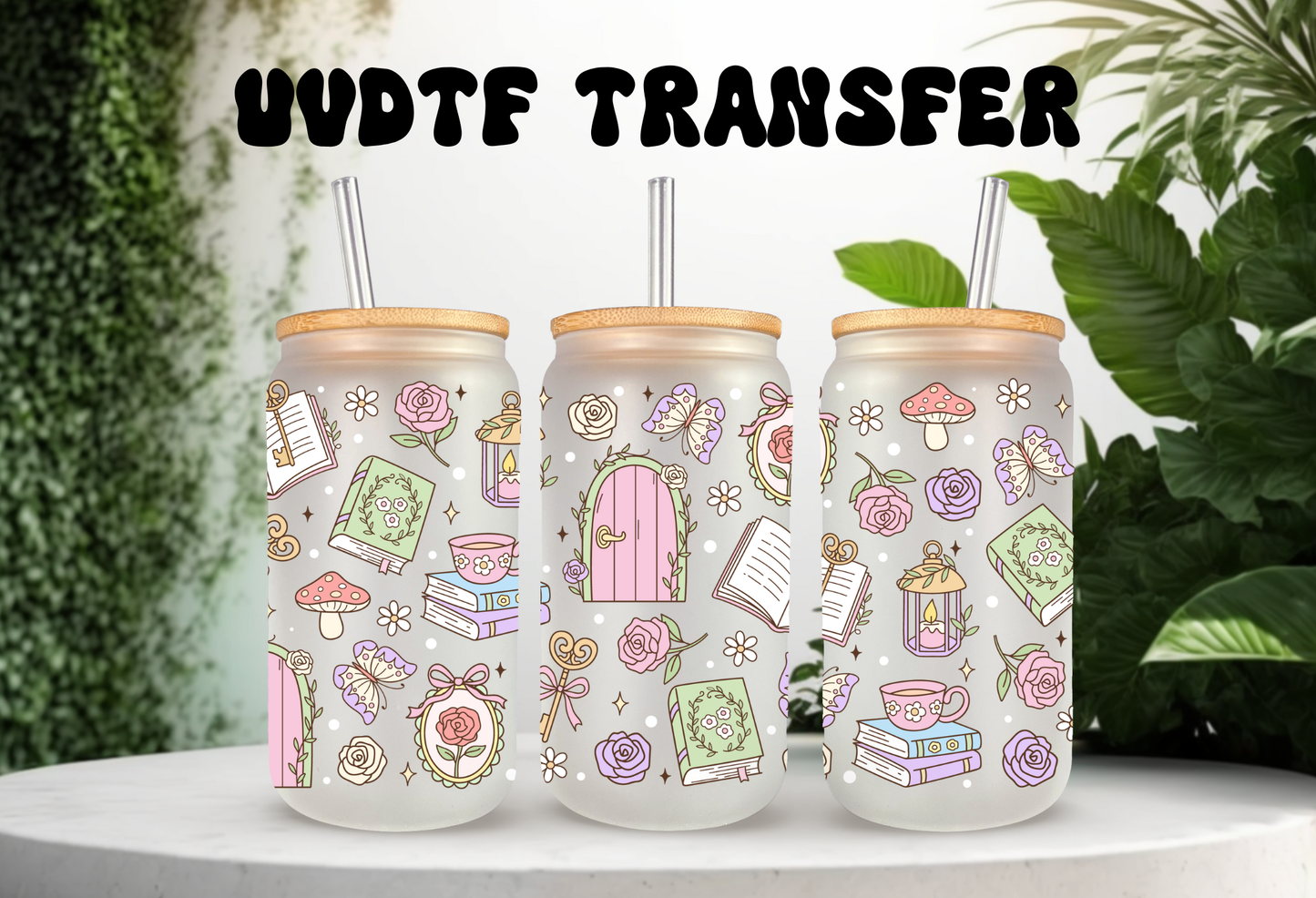 Mock-up of a Secret Garden Books UVDTF wrap for a 16oz can glass, featuring colorful book spines and pastel floral illustrations.