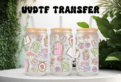 Mock-up of a Secret Garden Books UVDTF wrap for a 16oz can glass, featuring colorful book spines and pastel floral illustrations.