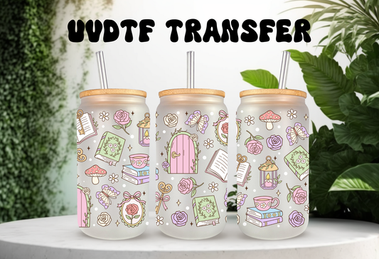 Mock-up of a Secret Garden Books UVDTF wrap for a 16oz can glass, featuring colorful book spines and pastel floral illustrations.