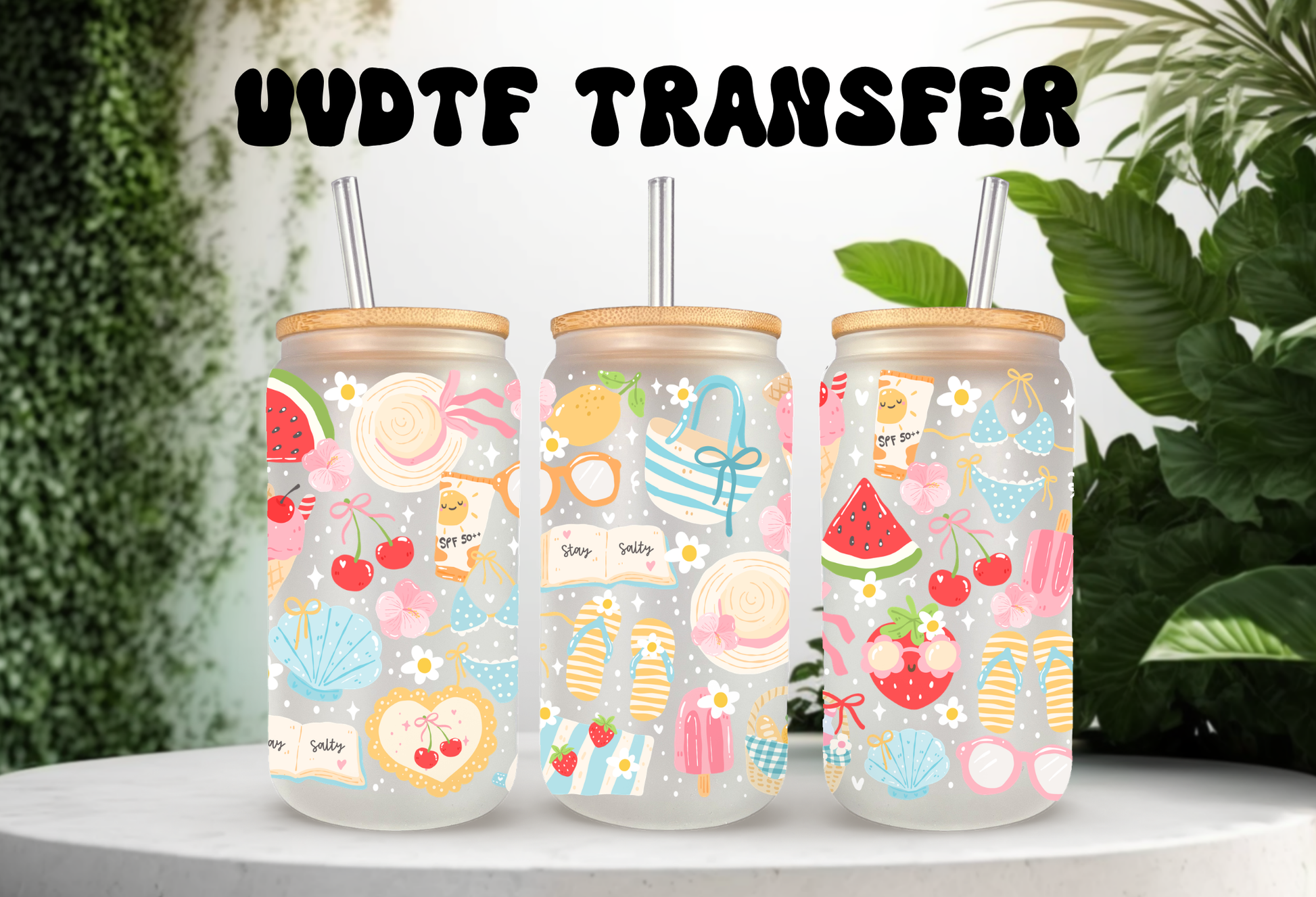 Mockup of a 16oz can glass wrap featuring retro summer elements including a Stay Salty motel key tag, sunglasses, smiling cherries, and flip flops on a clear background.