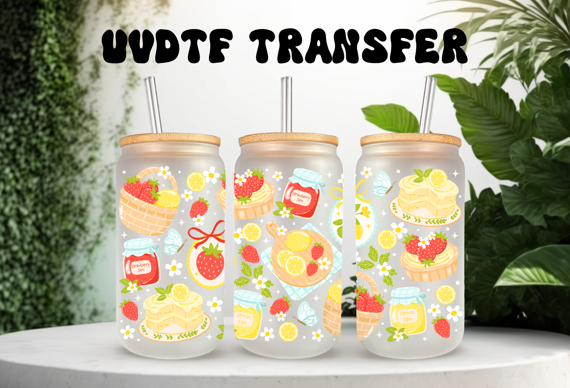 16oz can glass wrap featuring strawberry shortcake, lemon slices, and strawberry jam jars on a clear background.