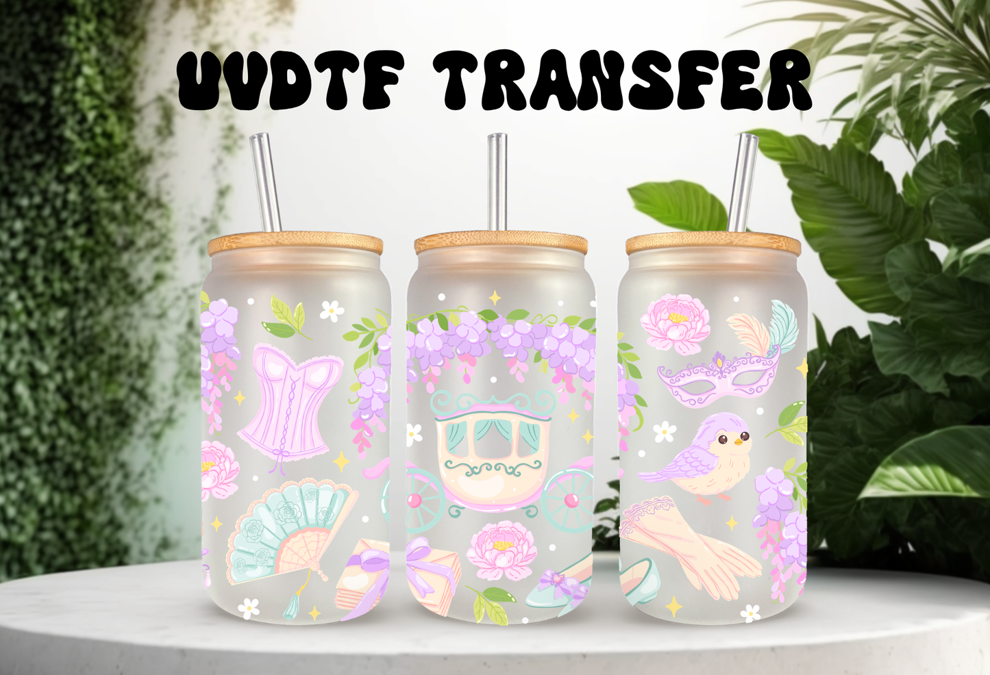 16oz can glass wrap featuring a vintage horse-drawn carriage, pink corset, masquerade mask, and purple wisteria on a clear background.

